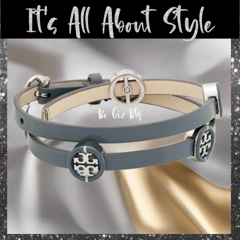 🆕Tory Burch Authentic Miller Silver & Leather Blue Enamel Double Wrap Bracelet